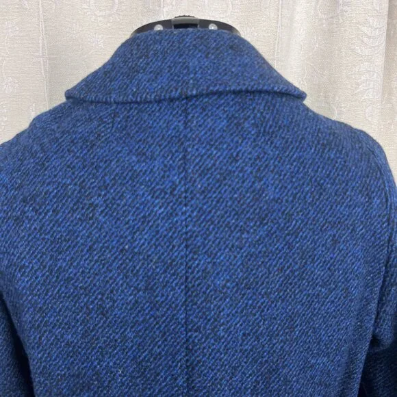 Harris Tweed blue wool overcoat vintage collared long winter coat classic flawed - Picture 9 of 14